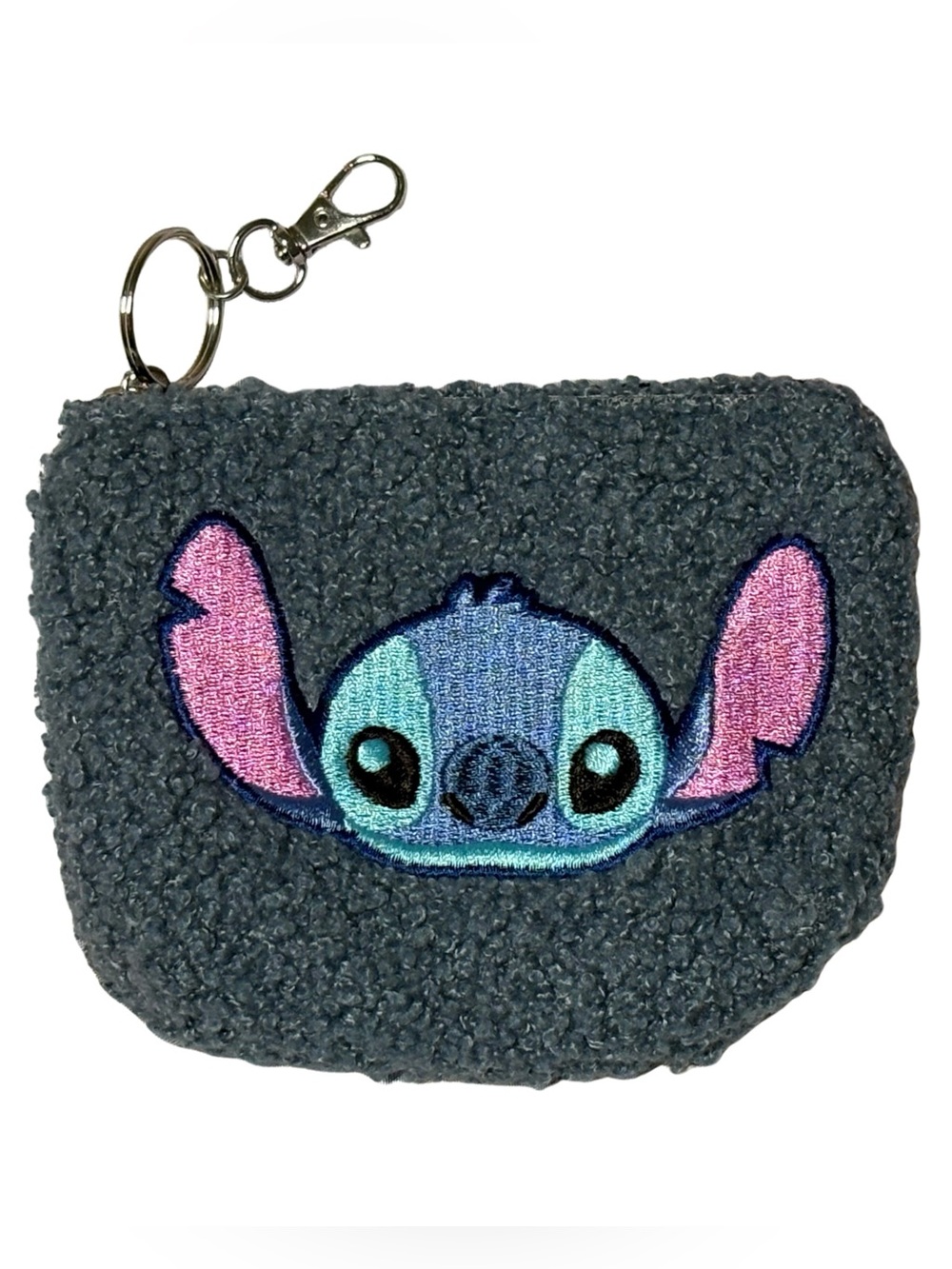 Disney Gray Sherpa Stitch Coin Pouch with Pink & Blue Embroidery